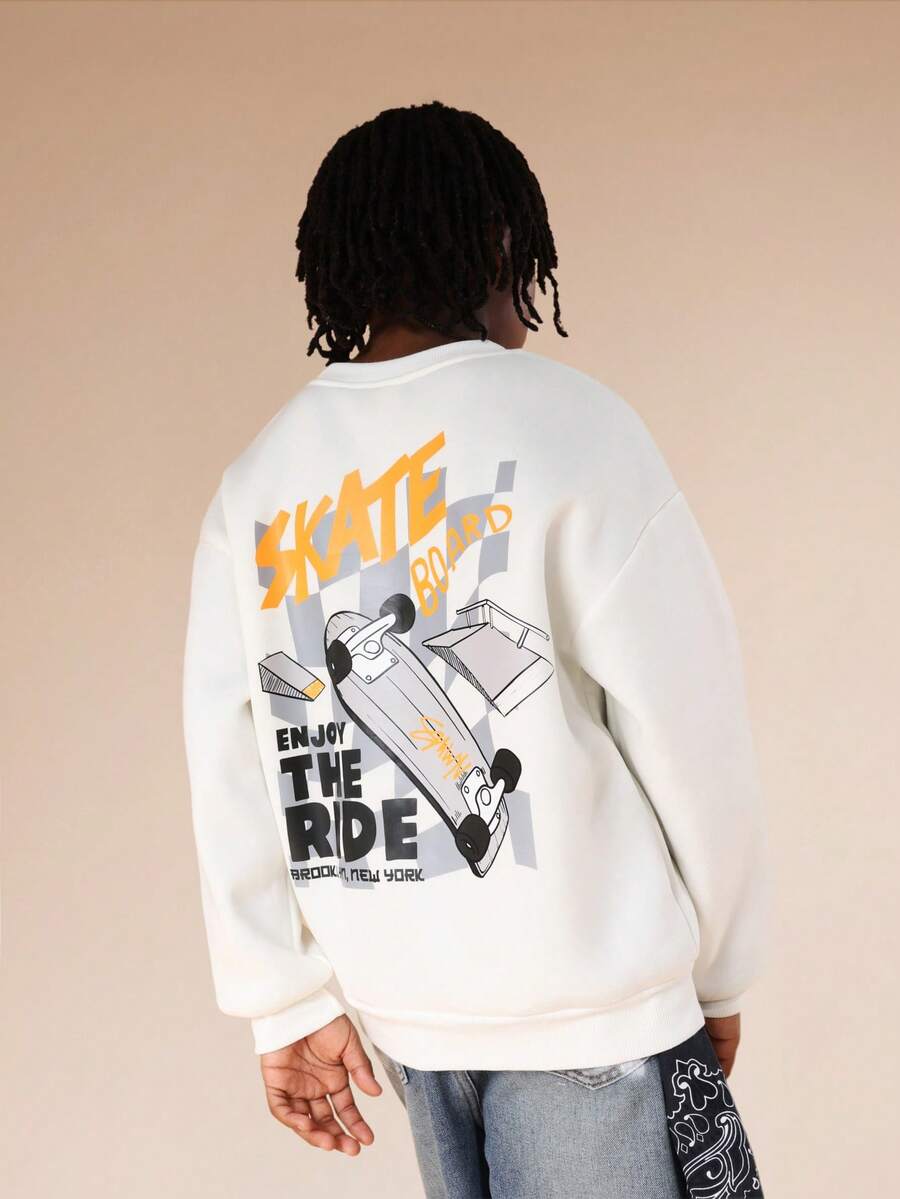 SUMWON Boys Skateboard Graphic Crew Neck Sweatshirt With Back Print Design Casual Pullover - White - View 1