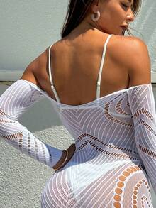 Swim SXY Ladies' Solid Color Off-Shoulder Slim-Fit Long Sleeve Cover-Up For Vacation Dressing,Summer Beach - White - View 2