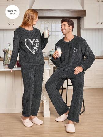 CoupledUp Heart & Letter Embroidered Textured Fleece Men's Pajama Set, Warm For Winter
