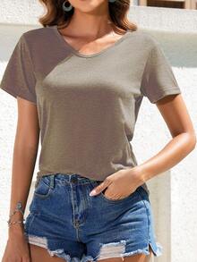 EMERY ROSE Damen einfarbiges V-Ausschnitt plissiertes lässiges vielseitiges Kurzarm T-Shirt - Aprikosenfarben - Übersicht 4