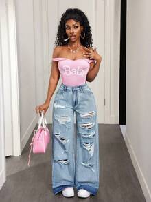 BamGleam جينز كاجوال فضفاض مع جيوب ممزق للنساء - أزرق داكن - مشاهدة 4