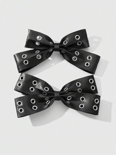 Grunge Punk 2pcs Y2K Style Vintage Elegant Punk Gothic Black Leather Double Air Vent Bow Decor DIY Hair Clip Claw Hairpins,Suitable For Sisters, Friends Daily Wear Or Holiday Gift, Halloween