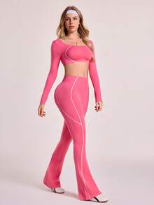 SHEIN Sovereign Charm 2 pièces/Set Femmes Ensemble Yoga Sans Couture Sans Dos à Manches Longues, Vêtements de Sport Décontractés - Rose vif - Voir 4