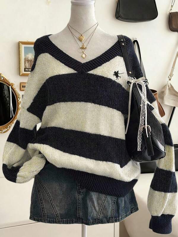 Lalippa Plus Size Colorblock Long Sleeve V-Neck Knit Sweater