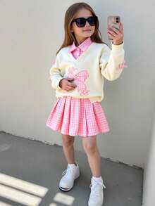 Elladie kids 两件套女童蝴蝶刺绣+格子拼接领卫衣+百褶裙时尚套装，百搭时尚校园风 - 粉色 - 查看 5