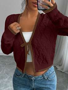 Rafferiza Cardigan Lengan Panjang Bertekstur Berlian Serbaguna Gaya Kasual Prancis - Burgundy - View 5
