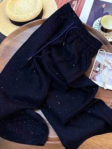 Franclia Starry Sky Elastic Waist Casual Straight Leg Wide Leg Pants - Navy Blue - View 5