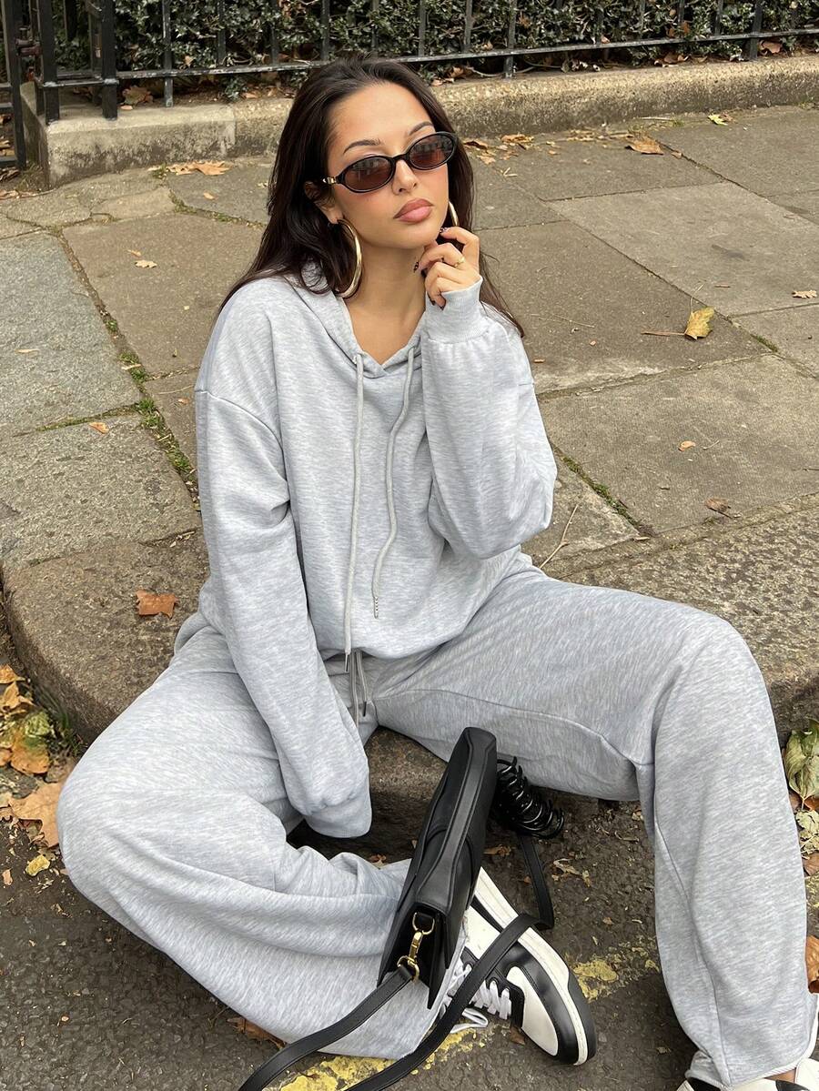 NegzBox Sweatshirt Lengan Panjang Berkerudung Longgar dengan Motif Cetak LA Sederhana Kasual untuk Wanita, Cocok untuk Musim Gugur dan Musim Dingin - Light Grey - View 1