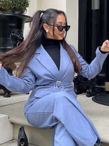 NegzBox 2025春秋新款时尚优雅休闲/办公室通勤金属扣腰长袖外套+直筒宽松阔腿裤西装套装 - 霧霾藍 - 查看 6