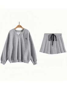 INAWLY 女士休闲运动衫和百褶迷你裙套装，秋季