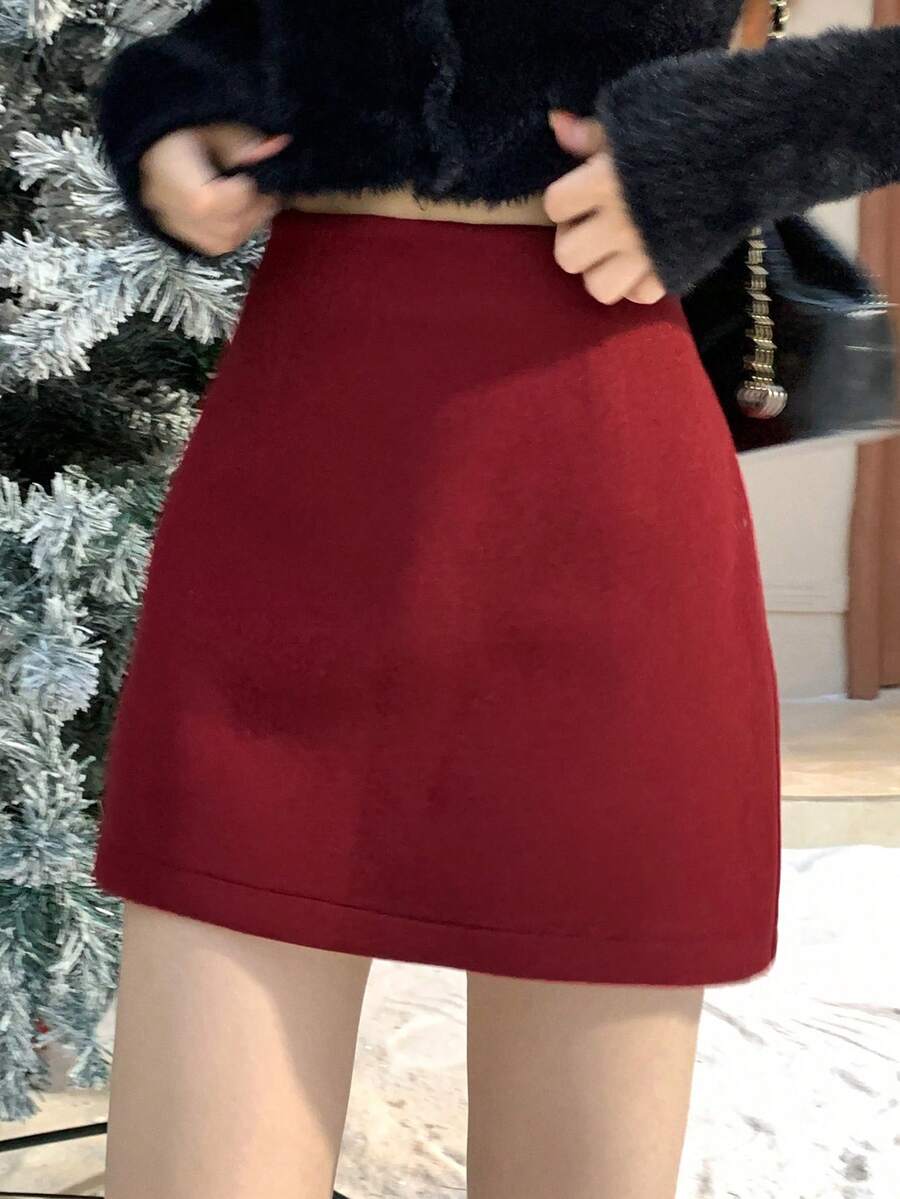 DAZY 女士羊毛混纺半身裙，休闲商务优雅百褶A字裙，适合秋冬季穿着 - 紅色 - 查看 1