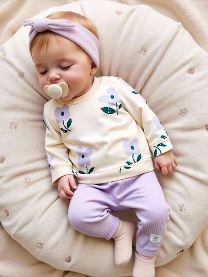 SHEIN 2pcs Baby Girls Autumn New Outfit, Brown Floral Print Long Sleeve Snap Shoulder Round Neck Top, Casual Loose Pants, Retro Chic Comfortable Versatile Set