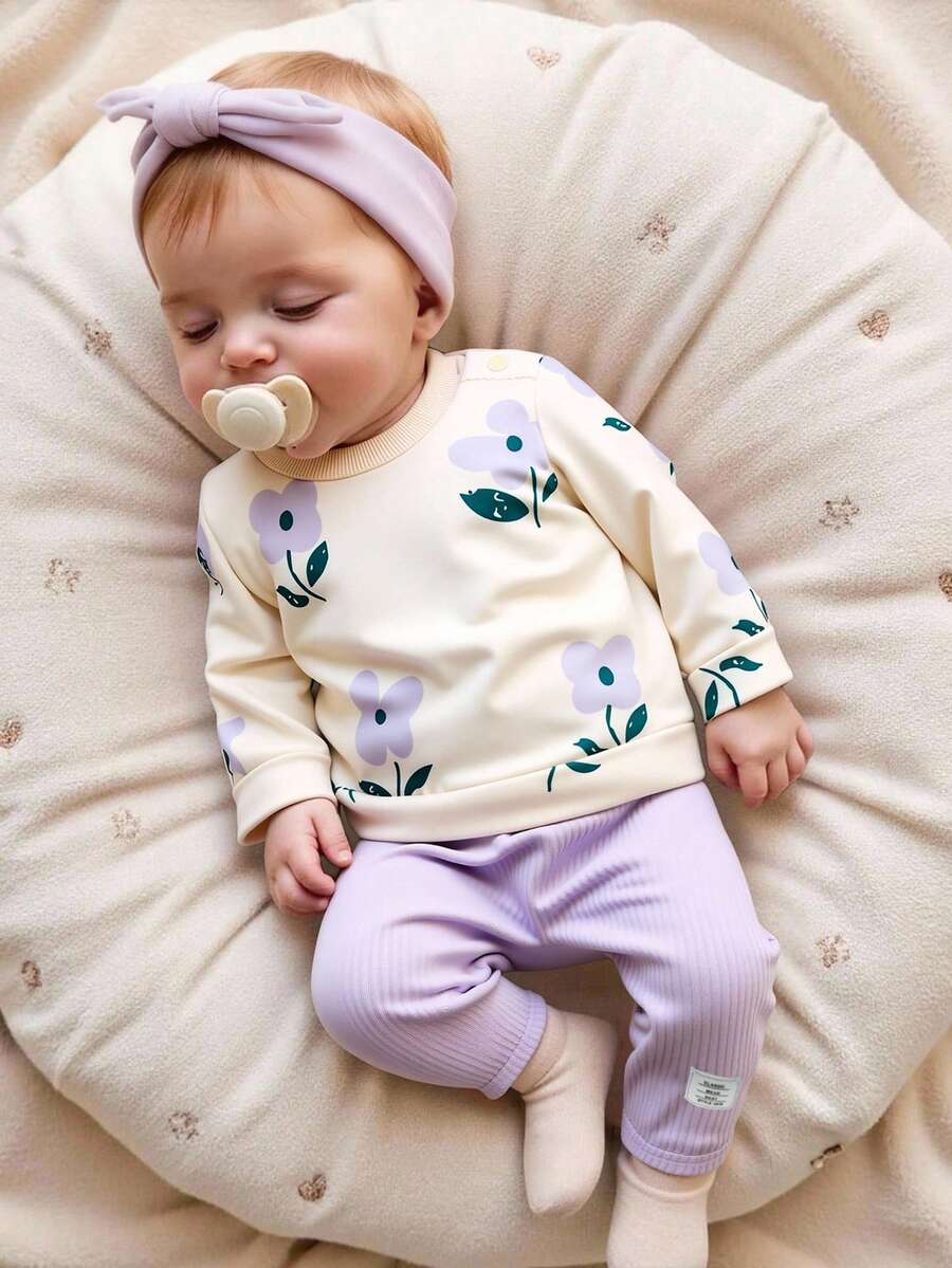 SHEIN 女婴秋季新款两件套，棕色碎花长袖圆领按扣上衣，休闲宽松长裤，复古时尚舒适百搭套装 - 紫色 - 查看 1