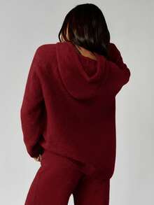 MISSGUIDED Knitted Oversized Hoodie Sweater With Logo Embroidery For Cozy Winter Layering Christmas - Burgundy - View 2