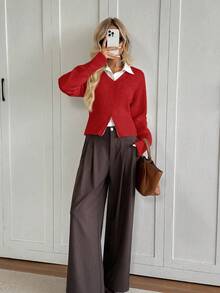 Easowa V-Neck Zip Hem Relaxed Casual Pullover Sweater For Women In Fall/Winter - Red - View 4
