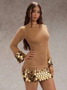 SHEIN Glamour 女士亮片针织连衣裙，长袖，镂空 - 卡其色 - 查看 6