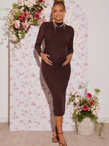 Loomaby Vestido de maternidad elegante de unicolor y ajustado para fiesta - Marrón - Ver 4