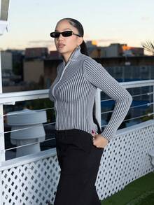 Melissa Matos Ribbed High Neck Zip Up Cardigan Spring Casual Y2k 90's Stripe Cute Airport Holiday Summer Vacation Fall Back To School Autumn Winter Everyday Christmas Work Office - Dark Grey - View 5