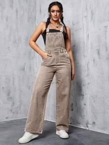 SHEIN EZwear Women's Summer Casual Slant Pocket Straight Leg Denim Bib Pants - Khaki - View 8