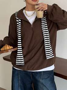 Dazy Plus Plus Size Women Half-Zip Solid Color Long Sleeve Pullover Sweatshirt, Street Style - Coffee Brown - View 3