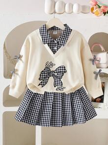 Elladie kids 两件套女童蝴蝶刺绣+格子拼接领卫衣+百褶裙时尚套装，百搭时尚校园风 - 黑色 - 查看 6