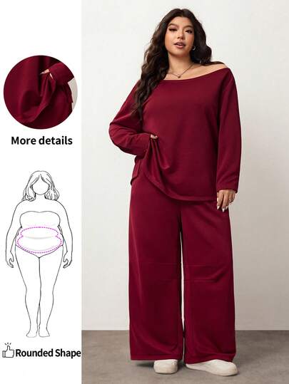 Enliva Plus Size Women's Burgundy Shoulder Sweatshirt And Loose Fit Pants Set, Autumn/Winter, Compatible With Apple Rounded Body Shape/2026 /New Year/Valentine's Day