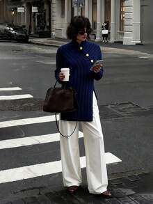 SHEIN Stylify Women's Elegant Design Navy Blue Knitted Pullover Sweater, Long Sleeve, Front Long Back Short, Suitable For Commuting, Autumn/Winter