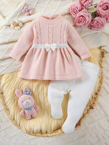 SHEIN Newborn Baby Girl Knitted Sweater Dress Set, Pink Casual Everyday Soft Girly Twist Rope Crochet Bow Decor Handmade Stylish + Knitted Pants, Comfortable For Autumn/Winter, Suitable For Home, Outings, Daycare, Newborns Winter Set Baby Girl Baby Girl Knitted Outfit Pink Warm Baby Girl Outfit Baby Set Autumn Winter Baby Winter Dress Pink Knitted Dress Baby Girl Baby Set Autumn Winter Season Pink Warm Baby Dress - Multicolor - View 1