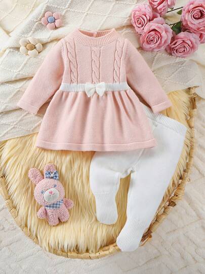 SHEIN Newborn Baby Girl Knitted Sweater Dress Set, Pink Casual Everyday Soft Girly Twist Rope Crochet Bow Decor Handmade Stylish + Knitted Pants, Comfortable For Autumn/Winter, Suitable For Home, Outings, Daycare, Newborns Winter Set Baby Girl Baby Girl Knitted Outfit Pink Warm Baby Girl Outfit Baby Set Autumn Winter Baby Winter Dress Pink Knitted Dress Baby Girl Baby Set Autumn Winter Season Pink Warm Baby Dress