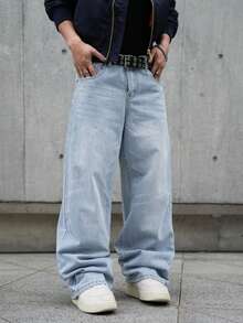 Manfinity EMRG 男士休闲通勤水洗阔腿牛仔裤 - 淺色水洗藍 - 查看 3