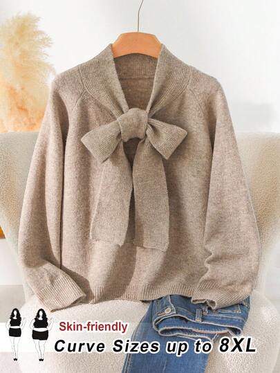 SHEIN CURVE+ 秋冬大码女式优雅法式蝴蝶结休闲浪漫针织衬衫