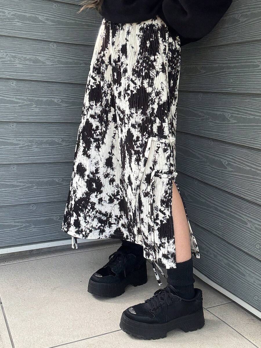 DAZY 女士时尚扎染印花侧开衩半身裙度假装扮 - 杏色 - 查看 1