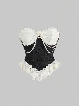 Kawaii Top corset decorado con encaje, satén y perlas de estilo victoriano vintage