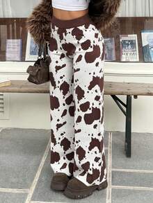 SHEIN EZwear Women's Cow Pattern Knit Pants, Fall Pants For Women