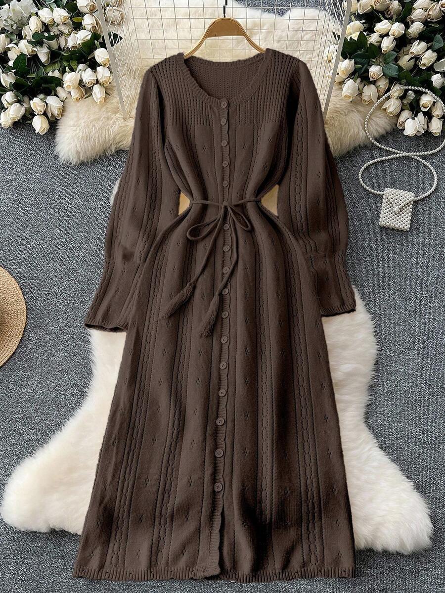 Franclia Women's Casual Solid Color Round Neck Long Sleeve Sweater Dress, French Gentle Style - Coffee Brown - View 1