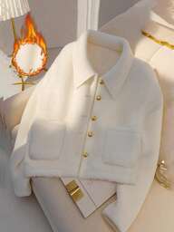 Franclia ז'קט פליז קז'ואל לנשים עם צווארון חולצה, שרוולים ארוכים, כיסים וכפתורים מוזהבים, סתיו/חורף