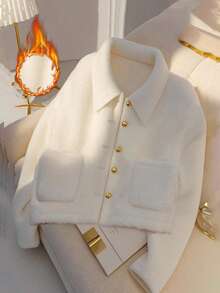 Franclia European And American Fashion Casual Elegant Shirt Collar Long Sleeves Pocket Gold Button Decoration Women's Autumn And Winter Outing New Year Lamb Wool Women's Winter Jacket Winter Coat - Beige - View 1