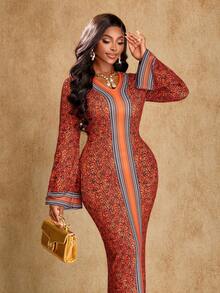Brilight Women's Tropical Elegant Positioning Print V-Neck Long Sleeve Slim Dress, Suitable For Gatherings And Parties, South African Pattern, South African Traditional Clothing, Autumn Dress, Women's Dress, Elegant Party Dress