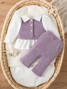 SHEIN Bộ 2 món đồ thường ngày cho bé gái sơ sinh, áo cổ vá và quần len rộng rãi, đơn giản và thời trang - Màu tím - Xem 3