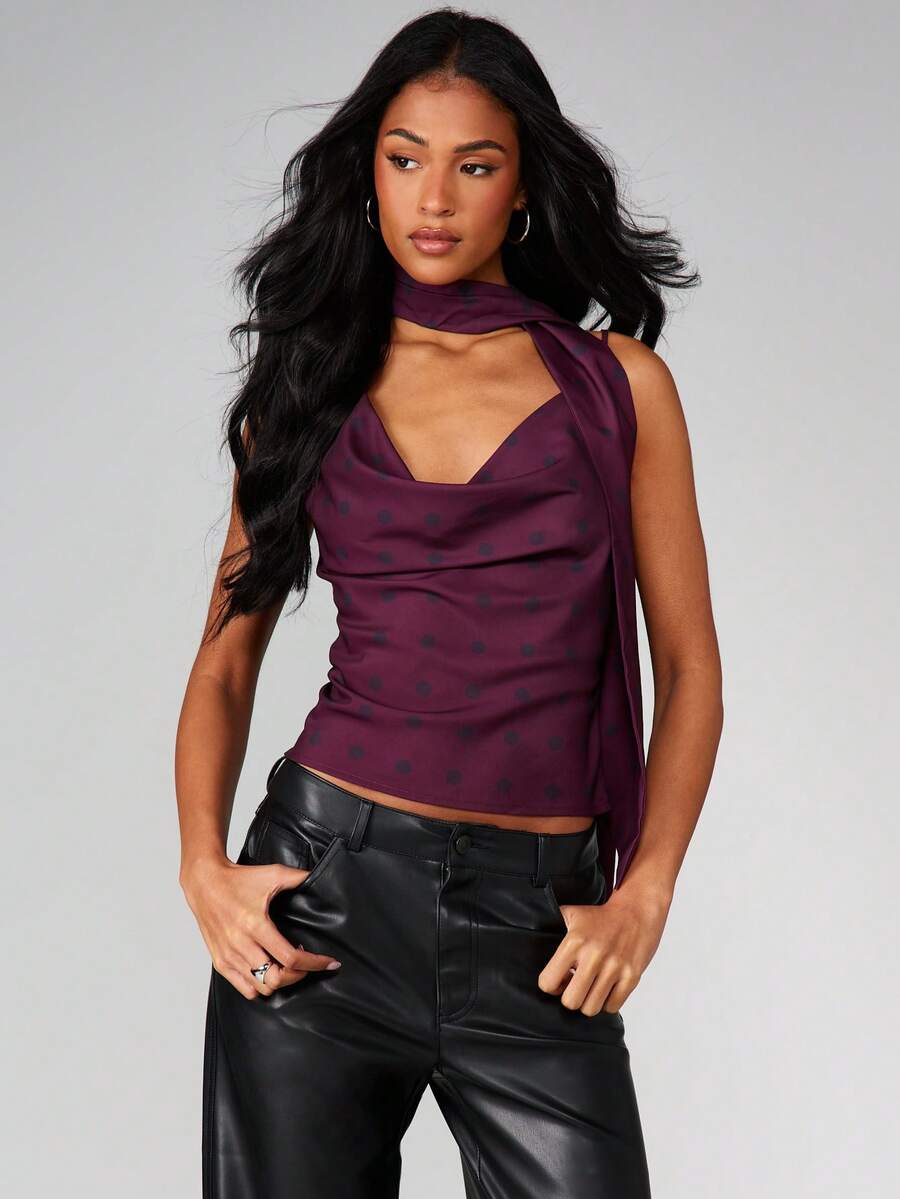 MISSGUIDED Áo ba lỗ cổ tròn chấm bi kèm khăn quàng cổ cho mùa xuân hè - Màu đỏ tím - Xem 1