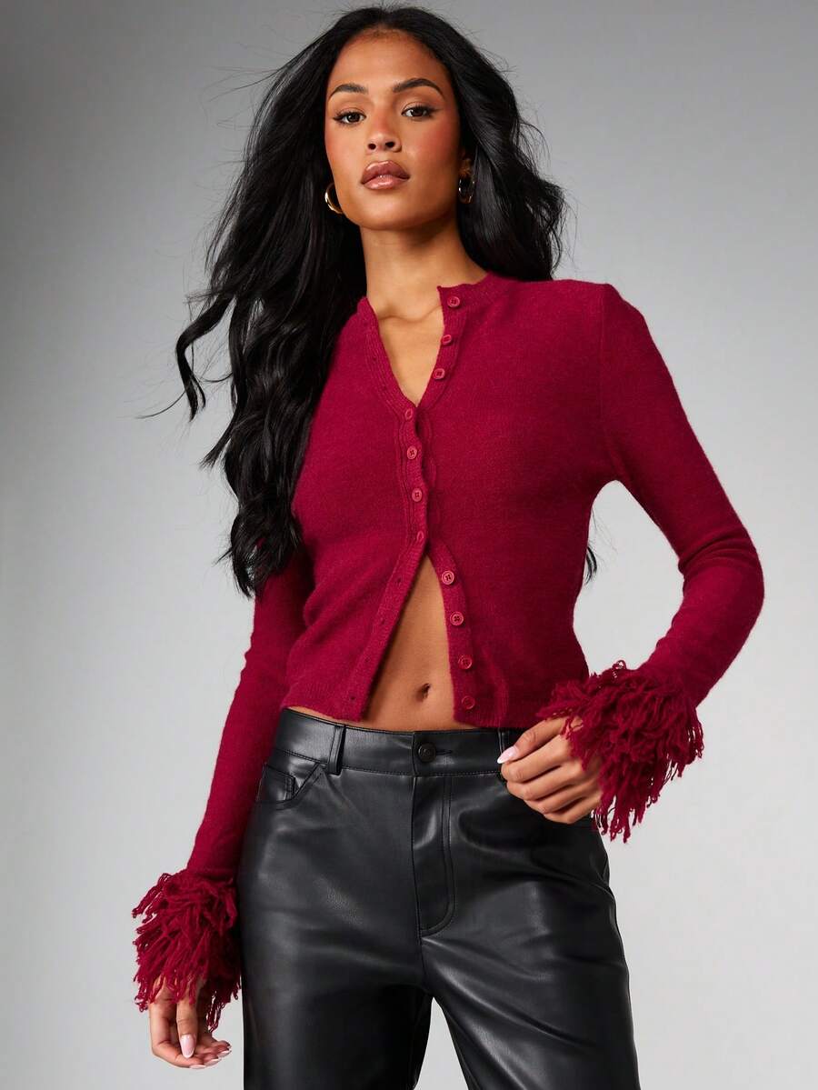 MISSGUIDED Women's Knitted Cardigan With Fringe Cuff Detail And Button Front Closure - Rose Red - View 1