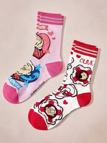 Popeye X SHEIN 2 đôi tất nữ mềm mại, thoáng khí, thấm hút mồ hôi, kiểu dáng thường ngày, dài đến bắp chân, họa tiết hoạt hình dễ thương màu hồng và trắng, mũi và gót được gia cố để tăng độ bền, phù hợp mọi mùa hè và đông, tất in hình, ý tưởng quà tặng. - Nhiều màu - Xem 7