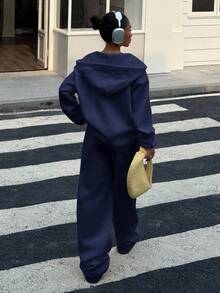 SHEIN EZwear 加大码藏蓝色休闲宽松保暖内衬卫衣套装，秋季 - 藏蓝色 - 查看 2