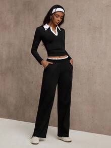Dewbera Women's Contrast Color Collar Long Sleeve T-Shirt And Pants Sports Suit - Black - View 1