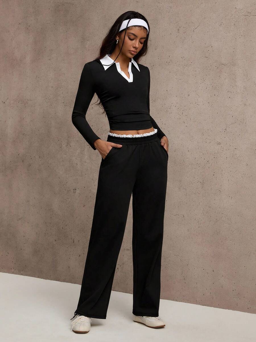 Dewbera Women's Contrast Color Collar Long Sleeve T-Shirt And Pants Sports Suit - Black - View 1