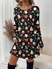 SHEIN LUNE Váy mini tay dài in hình ông già Noel dành cho nữ, phù hợp cho mùa thu/đông - Nhiều màu - Xem 5