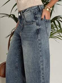 Ronhire Luźne, sprane, uniwersalne, szerokie nogawki, jeansy w kolorze niebiesko-szarym z niskim stanem, nowe na lato - Średni jeans - Zobacz 6