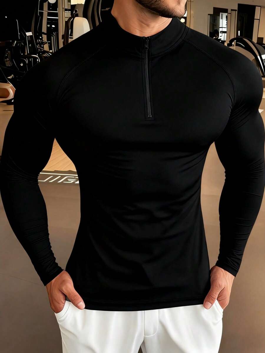 Manfinity Sport PWRUP 男士运动休闲拉链半拉链长袖T恤健身服跑步T恤和背心健身上衣健身房上衣秋季压缩衬衫透气修身衬衫秋季 - 黑色 - 查看 1