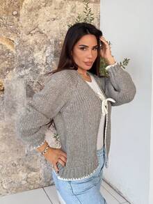 Milla Jasmine كارديجان كنزة صوفية نسائية بياقة على شكل V وأكمام طويلة مع تريم ملون وعقدة، كنزة صوفية محبوكة للخريف/الشتاء