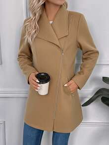 SHEIN LUNE Women's Casual Zip-Up Long Overcoat, Autumn - Apricot - View 6